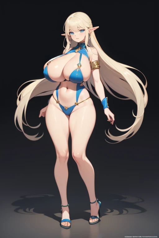 Elf girl white blonde long hair, blue eyes, huge boobs, full body