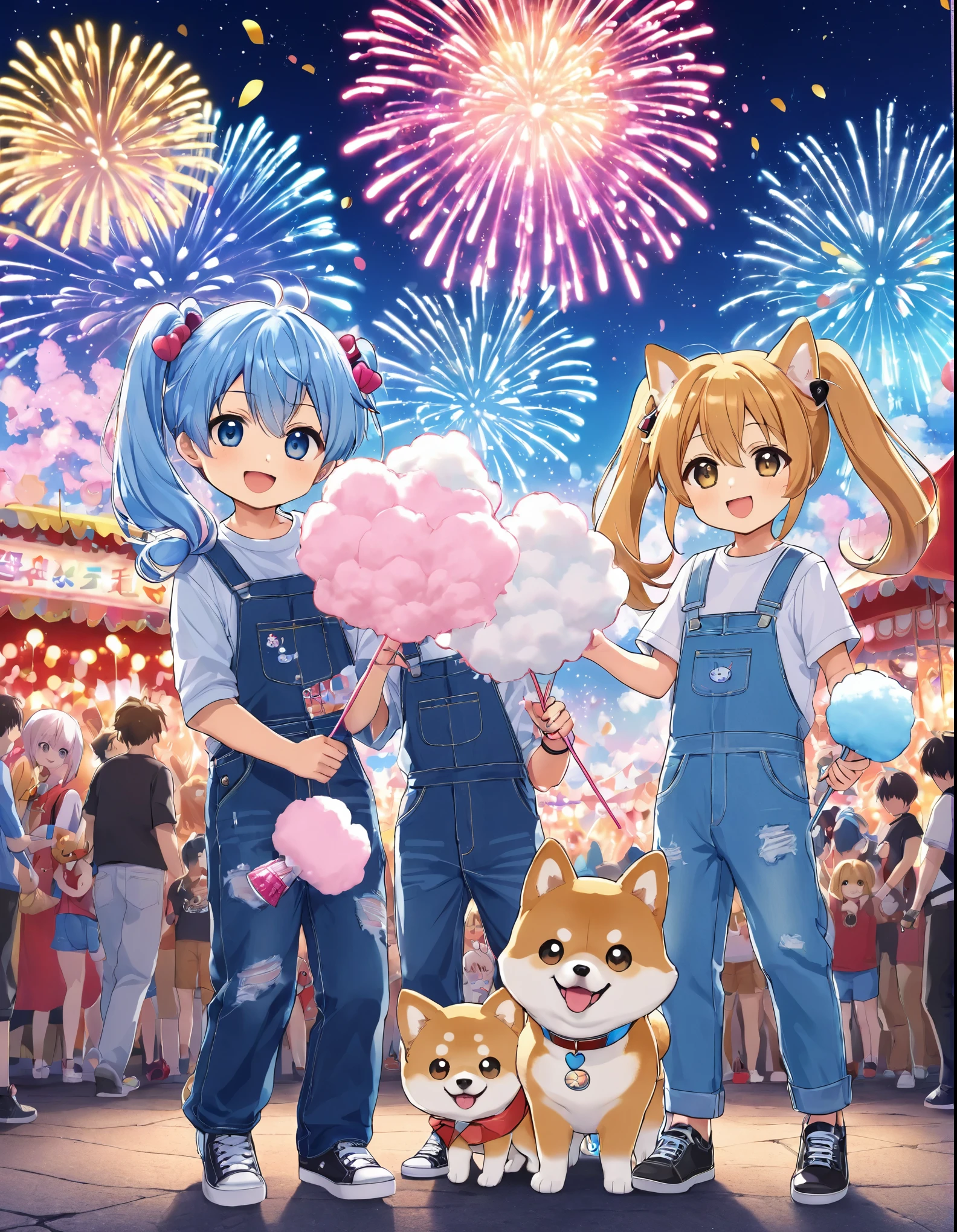 Fireworks in the night sky、Light blue long hair、Cute character with twin tails、Next to him is his beloved Shiba Inu dog.、Holding a large cotton candy、Bright smile、festival、festivalの風景、T-shirt and denim jumpsuit、Best anime 4k splash art anime chibi characters、4k anime wallpaper, cotton candy, Anime Style 4k, 