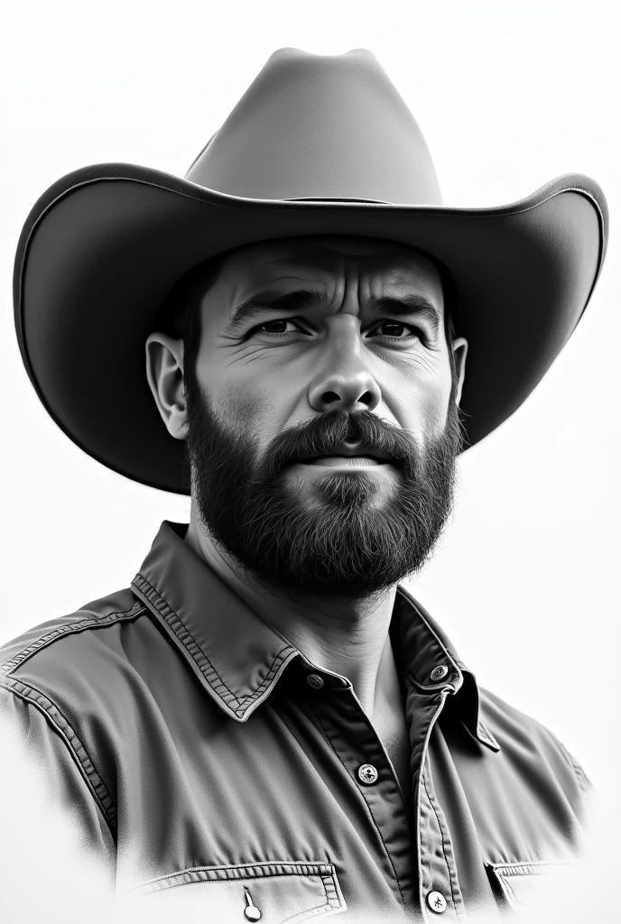 create a black and white image of a man with a beard and a cowboy hat in texas, in the form of a drawing , Drawing to paint

