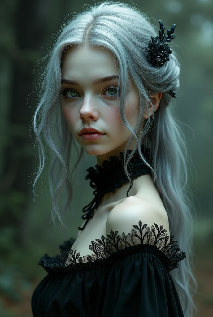 Young white-skinned woman in gothic style, long grey hair and green eyes