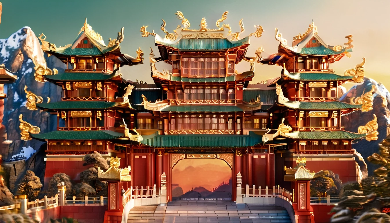 Masterpiece, High Quality, Very Detailed. A majestic Heavenly Kingdom inspired by Chinese mythology, viewed through a grand red gate adorned with golden dragon-shaped studs. The Jade Palace, reminiscent of traditional Chinese imperial architecture, stands at the center, with golden tiles on its pagoda-style roof and intricate carvings of clouds and dragons. The pathway leading to the palace is wide and paved with polished jade stones, surrounded by elegant terraces. The background features celestial mountains with snow-covered peaks and cascading silver waterfalls. The entire scene is bathed in a warm, golden light from a radiant, never-setting sun, with floating clouds adding an ethereal atmosphere, making the kingdom look truly divine.