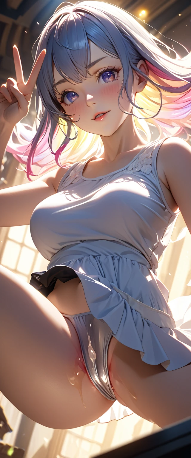 Masterpiece、最high quality、high quality、High definition、High resolution、High detail、Lens flare、Ray tracing method、high qualityの質感、high qualityの影、Beautiful details、Detailed and delicate、Detailed texture、Realistic facial expression、Realistic and colorful、Delicate、Cinematic Light、Side light、Sharp Focus、(1 woman:1.3)、(Intricate details、Makeup、Pure Eros Face_v1:0.5)、(Details Beautiful delicate face、Detailed beautiful delicate eyes、Perfect Facial Proportions、Detailed skin、Charm)、fancy hairstyles、Beautiful bangs、(Two-tone gradient hair color)、slender、(Upturned beautiful breasts)、Raise your arm and make a peace sign、(Detailed crotch、Showing off your crotch)、Female juice、((Experiencing the best orgasm))、(Light-colored V-cut、Light-colored thong)、(Thigh mini skirt、Low-rise mini skirt)、(Front-facing shirt、No sleeve、Crop top)、(The wind blows and sways、 roll up)、Low-angle composition