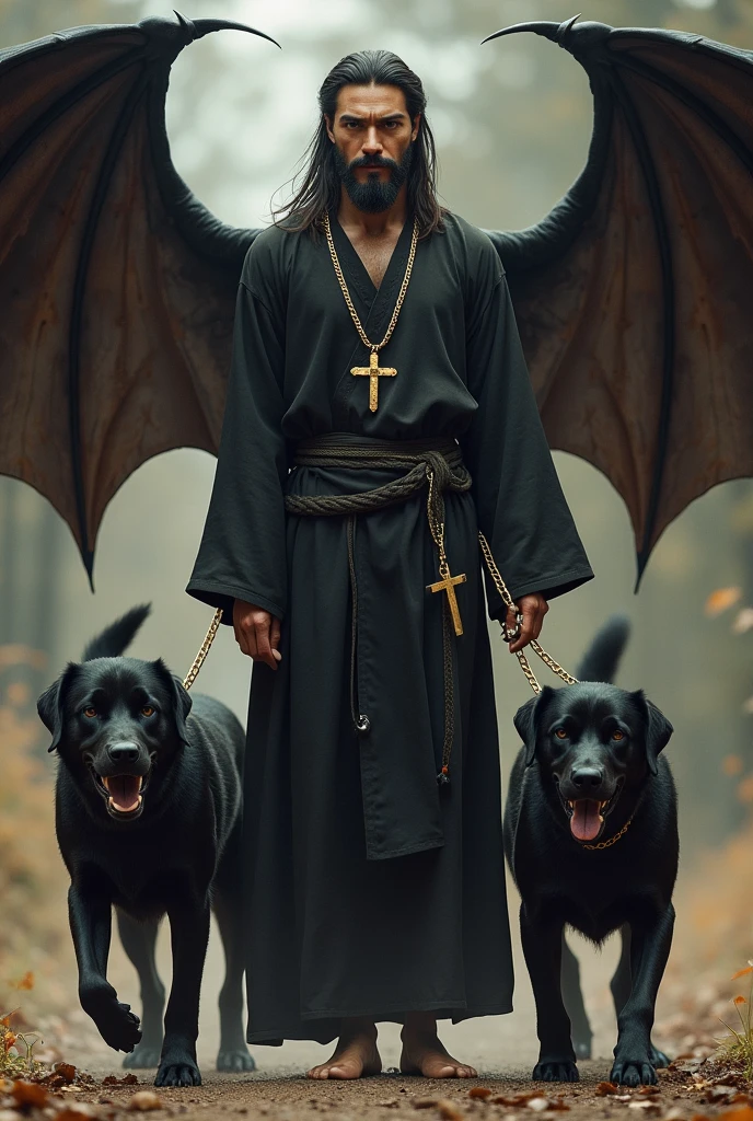 Brunette man,Cao Cao,Longhaire,unshaven beard,slanted eyes,worn black shirt,a thick gold chain with a gold crucifix with a black stone in the middle,bare feet, big bat wings on the back, morecgeos flying around, accompanied by two large black dogs l