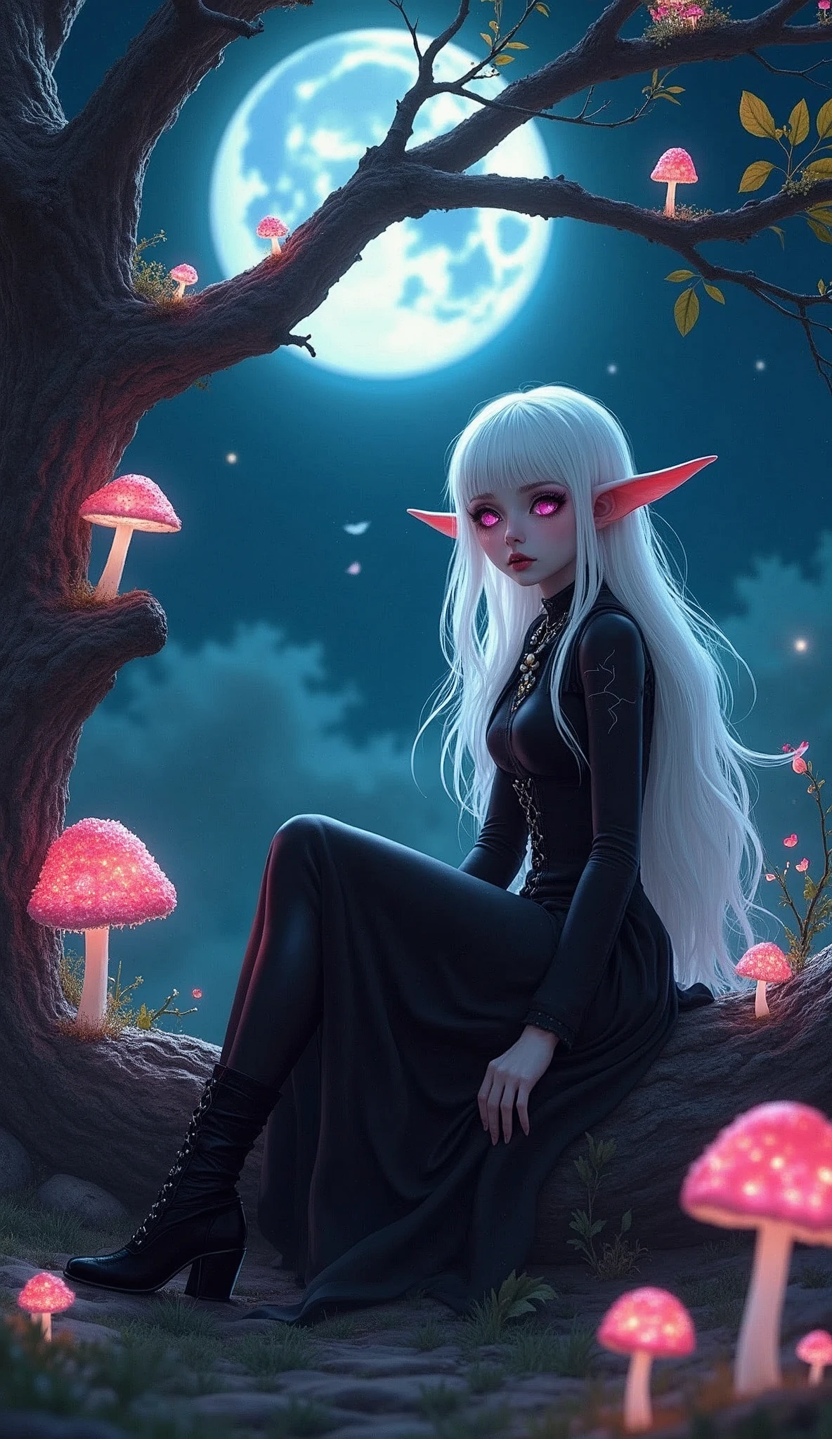 ((masterpiece )),(White hair), Violet eyes, Pink Eyeshadow, Beautiful Gothic dark elf girl, Sitting under the tree mushroom, Tired sad expression, Full moon sky, elegant,Good shape, ((Dark Skin)),skirt, high-heel boots, ((Many flowering mushrooms grow on the tree)), ((Glowing leaves)), ((Autumn lets grow on logs)), ((Glowing Mushrooms)),(Light Particle Moth),(Starry Sky)