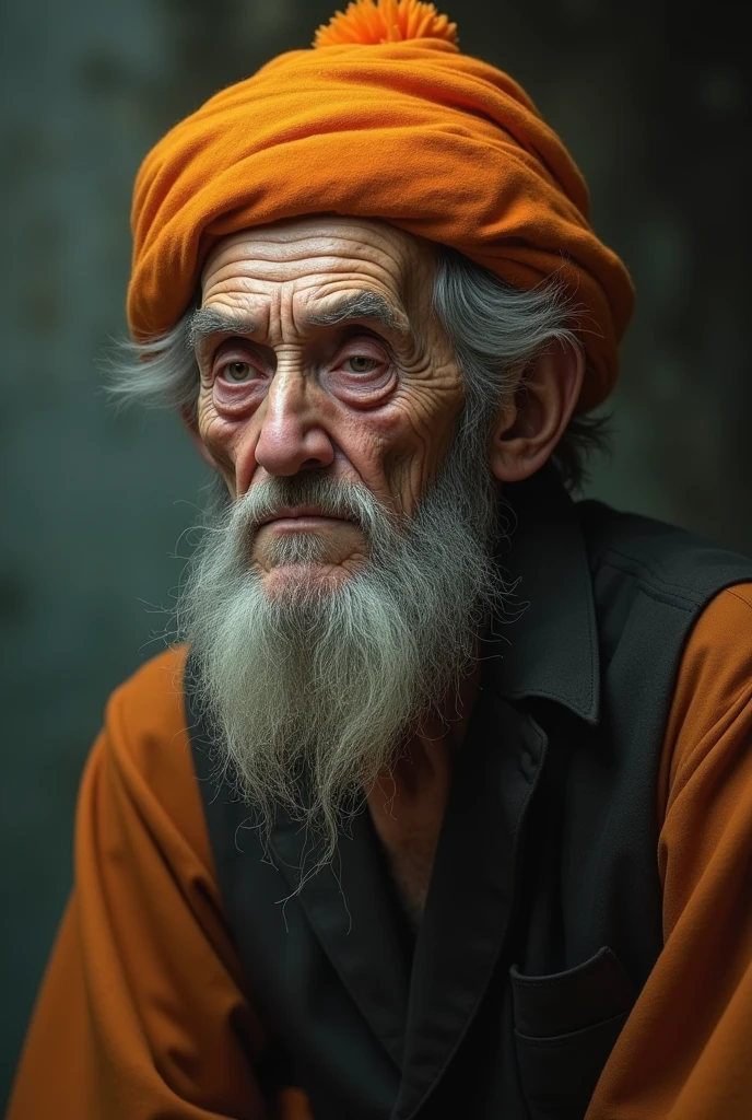 A crooked old man wearing a mandarin orange headgear A creepy old man with a protruding chin