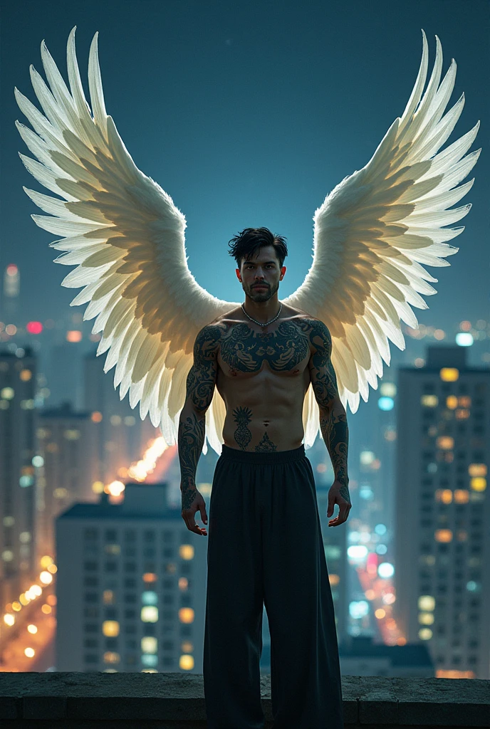 [Core Concept] A tattooed man with black hair and golden eyes, possessing angelic wings, stands on the terrace of a high-rise building in a night-time city.

[Character Description] The man is tall and muscular, his body covered in intricate tattoos that seem to dance across his skin. His piercing golden eyes gaze intently, conveying a sense of both power and mystery. Large, feathered wings, white and radiant, extend from his back, casting a soft glow over the surrounding environment.

[Environment/Background] The scene takes place atop a towering urban building, overlooking the vibrant city below. The night sky is filled with twinkling stars and the distant lights of skyscrapers, creating a captivating and atmospheric backdrop.

[Style and Atmosphere] The overall mood is one of ethereal wonder and mysticism, with the man's angelic wings serving as a striking contrast to the modern, man-made environment. The scene has a sense of tranquility and contemplation, despite the bustling city below.

[Composition] The man is positioned in the center of the frame, his wings unfurled and commanding the viewer's attention. The city skyline and night sky fill the background, creating a sense of depth and scale that emphasizes the man's solitary presence on the terrace.

[Details and Embellishments] Small details, such as the play of light and shadow across the man's tattoos and the delicate texture of his feathers, add depth and realism to the scene. The overall atmosphere is one of mystery and intrigue, inviting the viewer to ponder the man's purpose and the significance of his angelic presence in this urban setting.

[Technical Specifications] The image should be rendered in a high-resolution, photorealistic style, with careful attention to lighting, textures, and atmospheric effects to create a sense of depth and immersion.