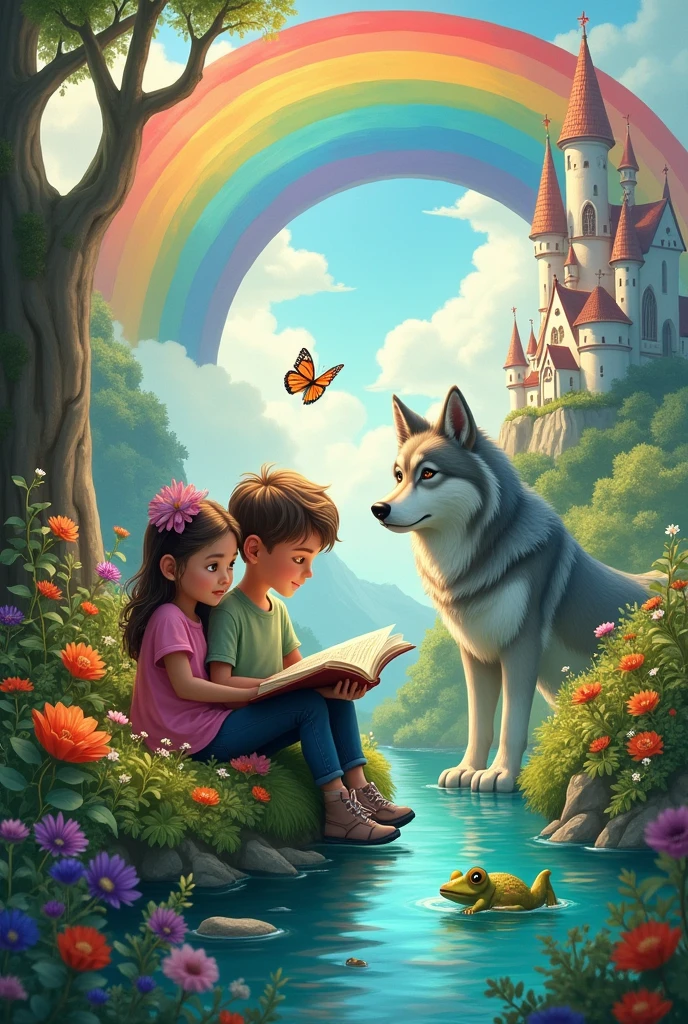 a boy with a girl reading a story, a rainbow, a castle, a butterfly, a big wolf, flowers, a magic world, a lagoon with a toad and fish