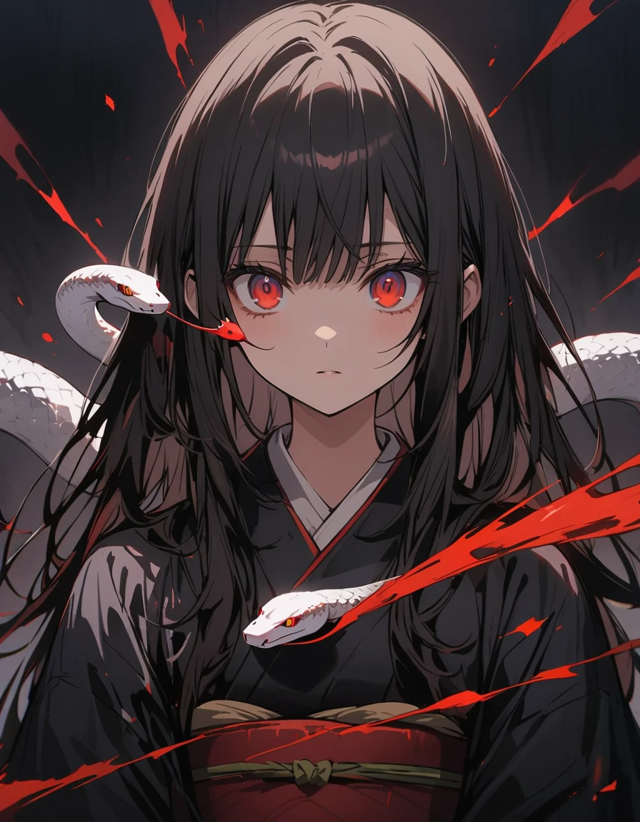 One Woman, 25 Years Old Masterpiece, Highest quality, beautiful, Expressionless, Jet Black Hair, Red pupils, Big eyes, kimono, snake, Red Higanbana, Creating fear, Dark Background, Horror, Insanity, anime