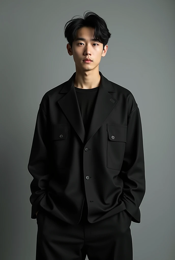 create a perfect realistic young Korean man, with black hair hair style, tall and strong, muscular and in black clothes, look like Korean actor Song Kang