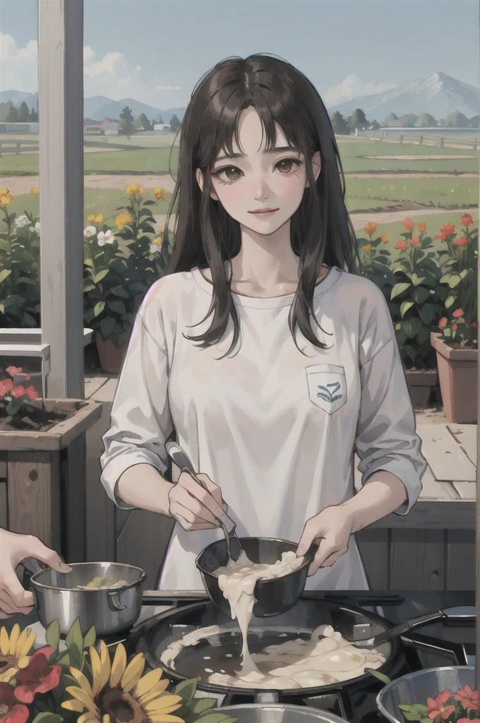(masterpiece:1.2, Highest quality), (1 Female, alone, Upper Body:1.2), Clothes: casual, comfortable, Sustainable, exterior: Long Hair, Minimal makeup, Natural materials, action: Empathetic, sympathy, Development, Location: Organic farm, Community Center, volunteer organization, hobby: Horticulture, cooking, sympathy for animals