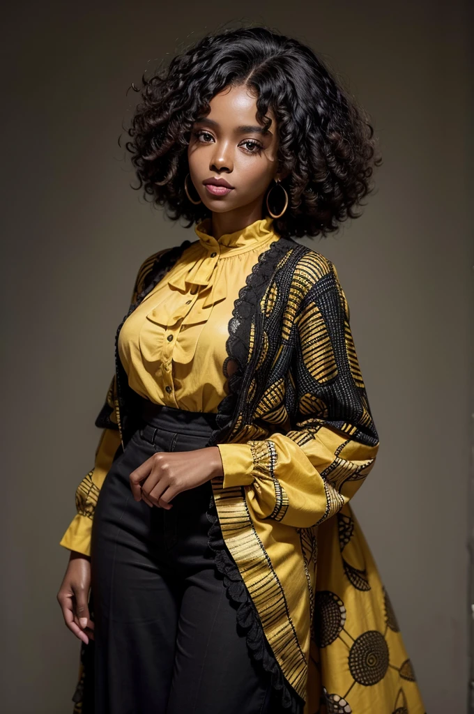 woman with curly hair and yellow blouse, mature african american woman, jovem negra, african american girl, african american woman, african american elegant girl, jovem negra, jovem negra, detailed character, ( ( darkskin ) ), dressed with long fluent clothes, full body illustration