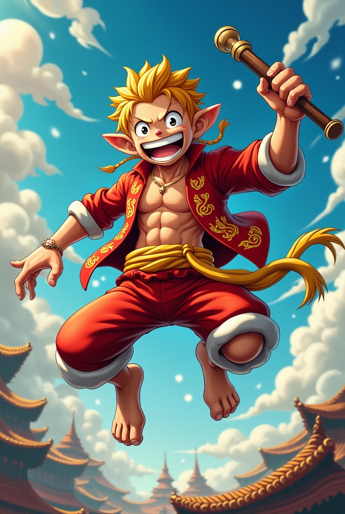An anime version of Sun wukong with a face like Monkey D. luffy