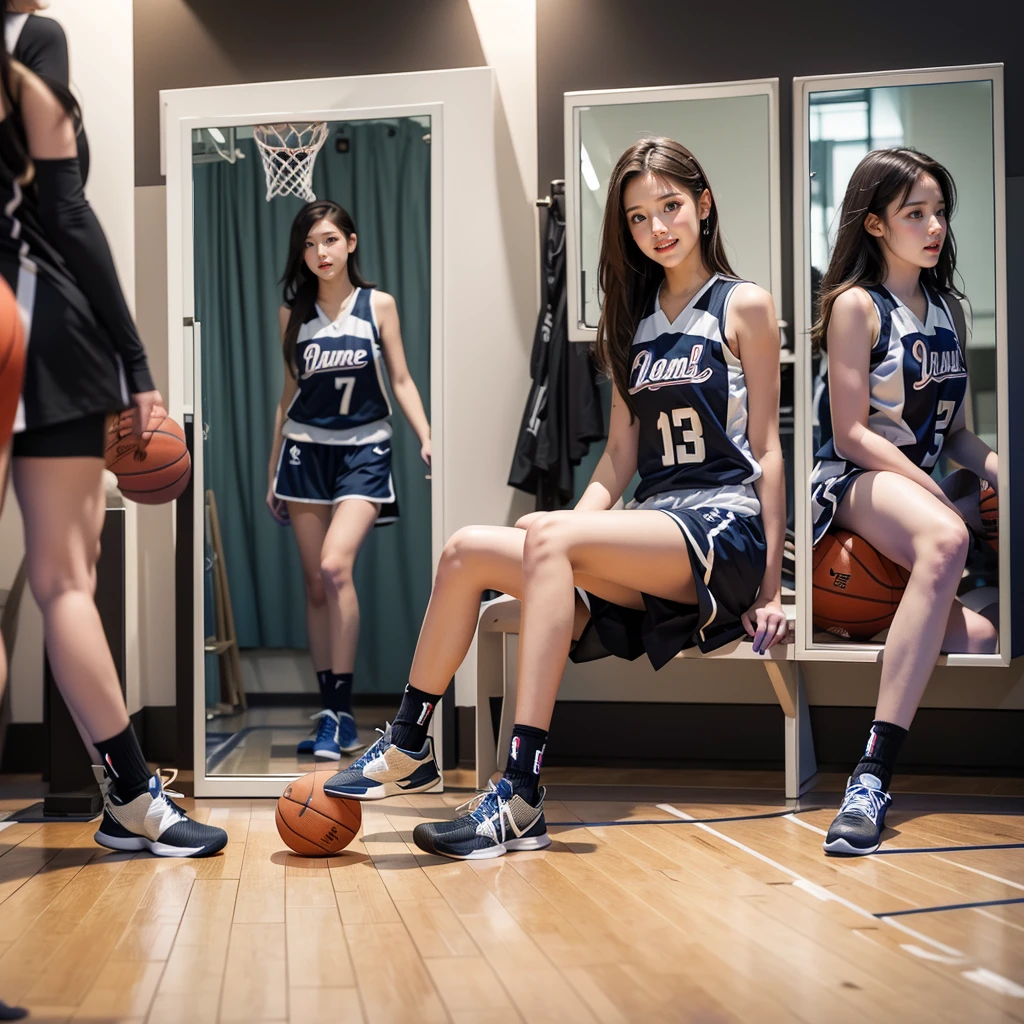 SFW,  ExtremelyDetailed (((Basketball Team Girls in a row:1.4))), Childish perfect face, Reflective Eyes, Detailed(Delicate Clothing textures), Corrected Leg to Foot Line, Corrected Perfect Hand, Dynamic Joyful Expressions LifeLike Rendering, ((Specular Reflection:1.28)), mirrors, TopQuality 8K Ultra-detailed masterpiece (ProfessionalPhoto:1.37)(Acutance:0.8),(Luminism:1.22), (Exposed)