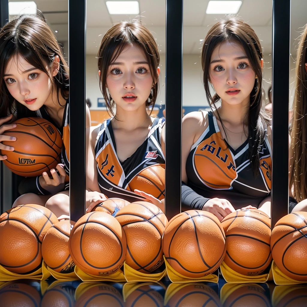 SFW, ExtremelyDetailed (((Basketball Team Girls in a row:1.4))), Childish perfect face, Reflective Eyes, Detailed(Delicate Clothing textures), Corrected Leg to Foot Line, Corrected Perfect Hand, Dynamic Joyful Expressions LifeLike Rendering, ((Specular Reflection:1.28)), mirrors, TopQuality 8K Ultra-detailed masterpiece (ProfessionalPhoto:1.37)(Acutance:0.8),(Luminism:1.22), (Exposed)