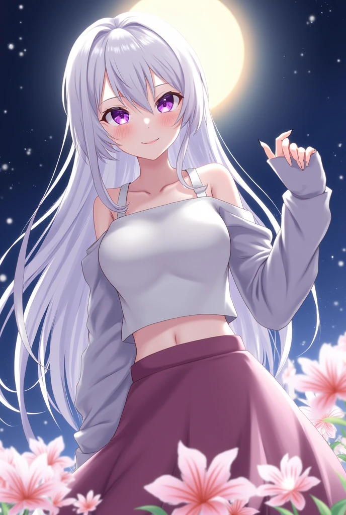 realistic, 1girl, white hair, purple eyes, glowing eyes, crop top, skirt, parted lips, blush, night, flowers, sun, sunlight,