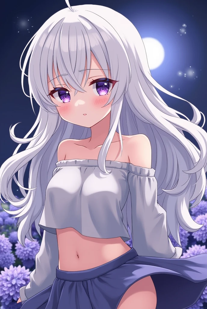 realistic, 1girl, white hair, purple eyes, glowing eyes, crop top, skirt, parted lips, blush, night, flowers, sun, sunlight,