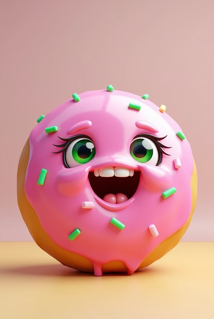 Pink and green donut, smile, big shiny eyes