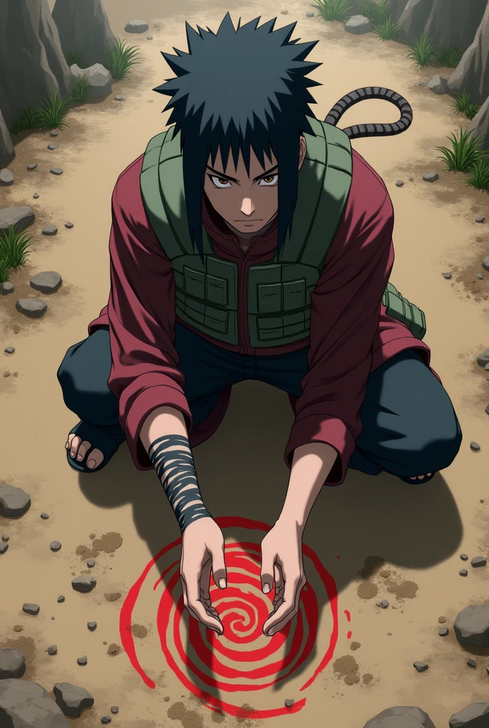 uchiha madara, fully body, making seals on dirt floor with vest from the 5 villages