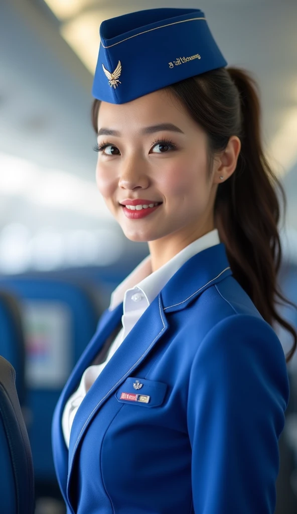 create the most beautiful flight attendant in the world, in work environment, blue and white air force uniform, she is from thailand, de cabelos pretos, 8k, realisitic
