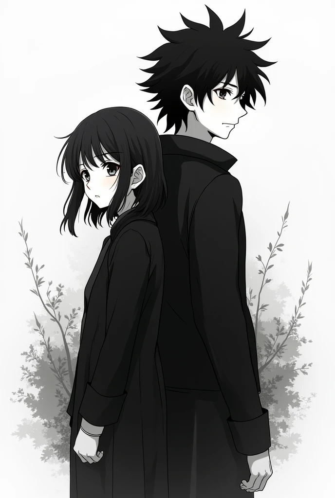 Nezuko and Tanjiro from Kimetzu no Yaiba in black and white with few details