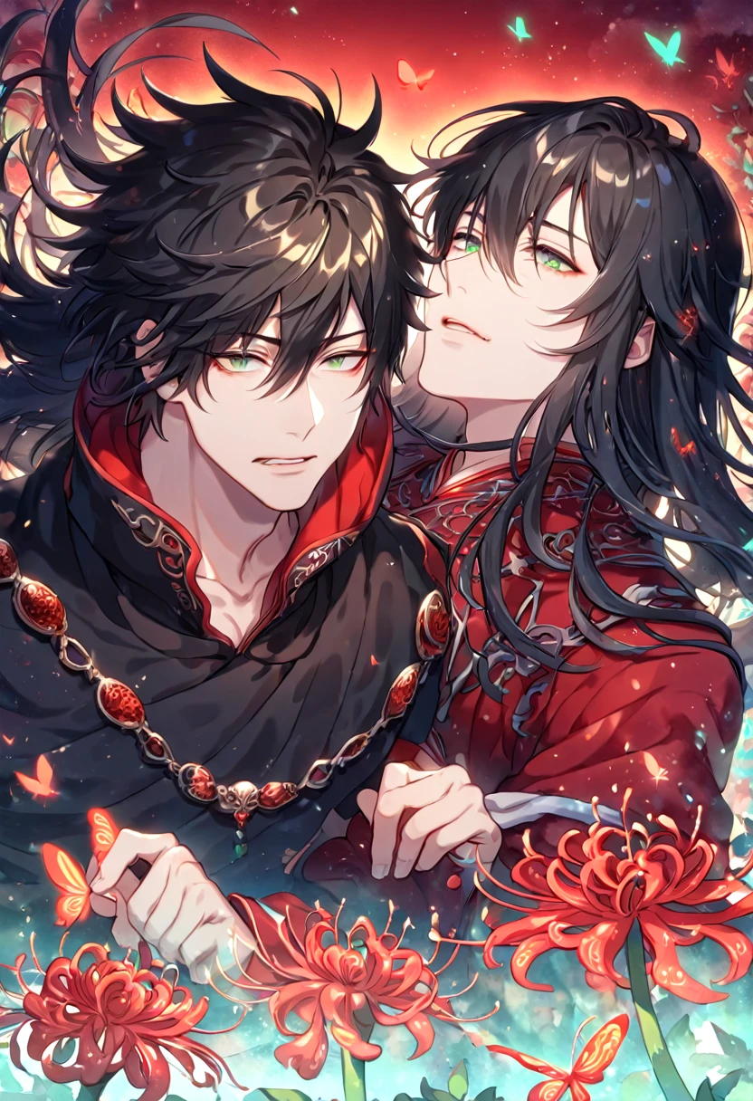 absurdres, highres, ultra detailed, HDR, master piece, best quality, extremely detailed face, delicated features, Xue Yu, untamed spiky hair, black hair, long hair, hair between the eyes, expressive red eyes, Thousand Years War, Fushiguro Touji, black hair, messy hair, expressive green eyes, two sexy men together, gay couple, yaoi, handsome, manly man, black cape, red robes, black robes, accessories, patterns, red sky, red butterflies, red spider lilies, fantasy, magical, radiant, chinese ambiance, Jujutsu Kaisen