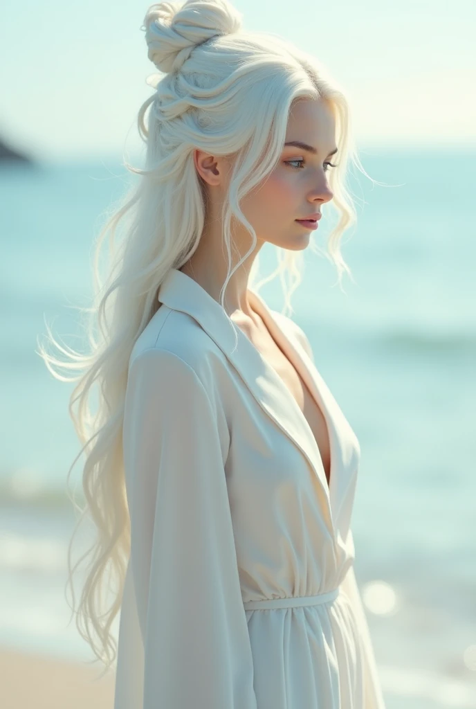 Beautiful girl with white hair all bundled up in a knot on her head in a bikini