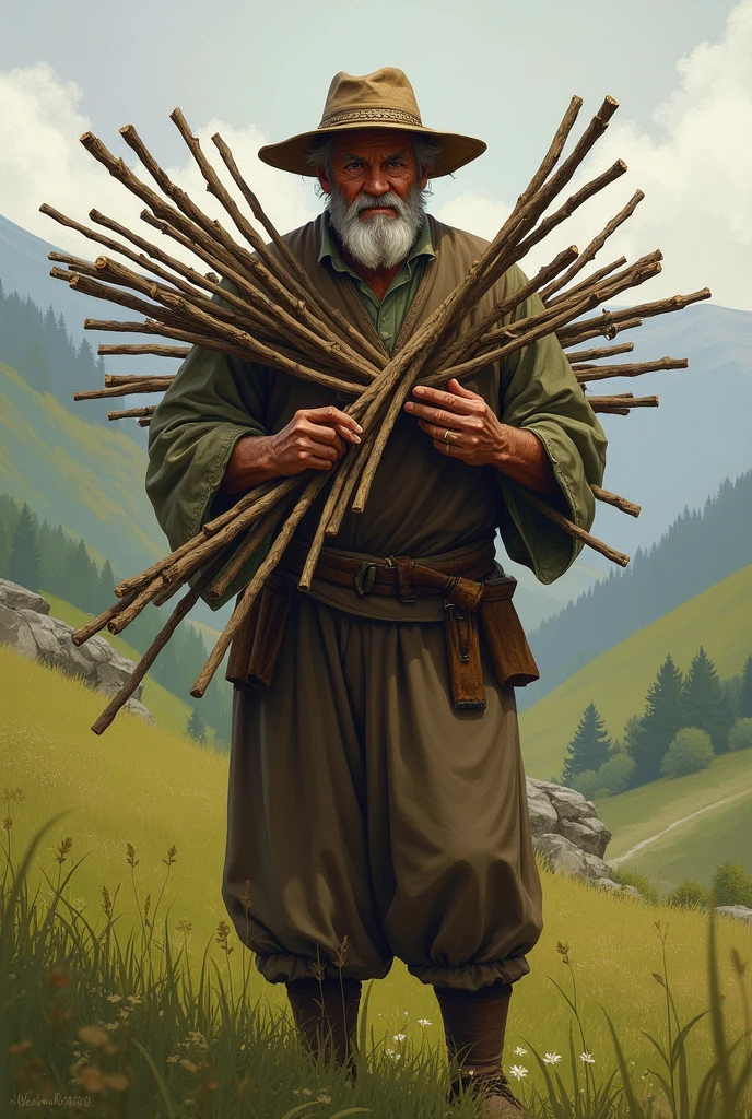 A farmaer together a bandle of sticks