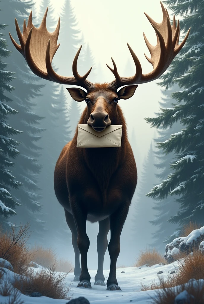 Moose with big antlers carrying a letter
