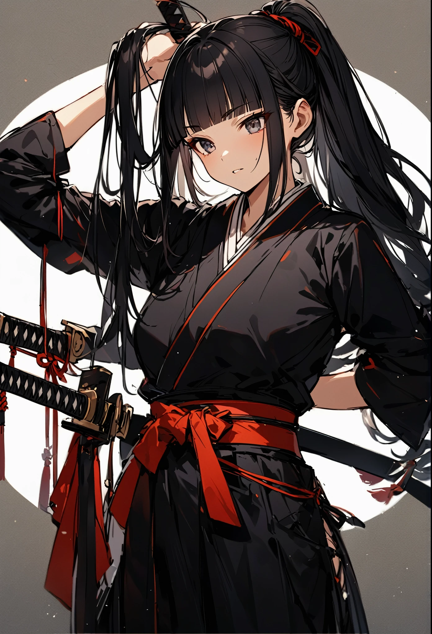 Kimono dress,Black Hair、blunt bangs、Tying up hair、Samurai、Japanese sword, face, Modern design, 1 female,Sexy concept,