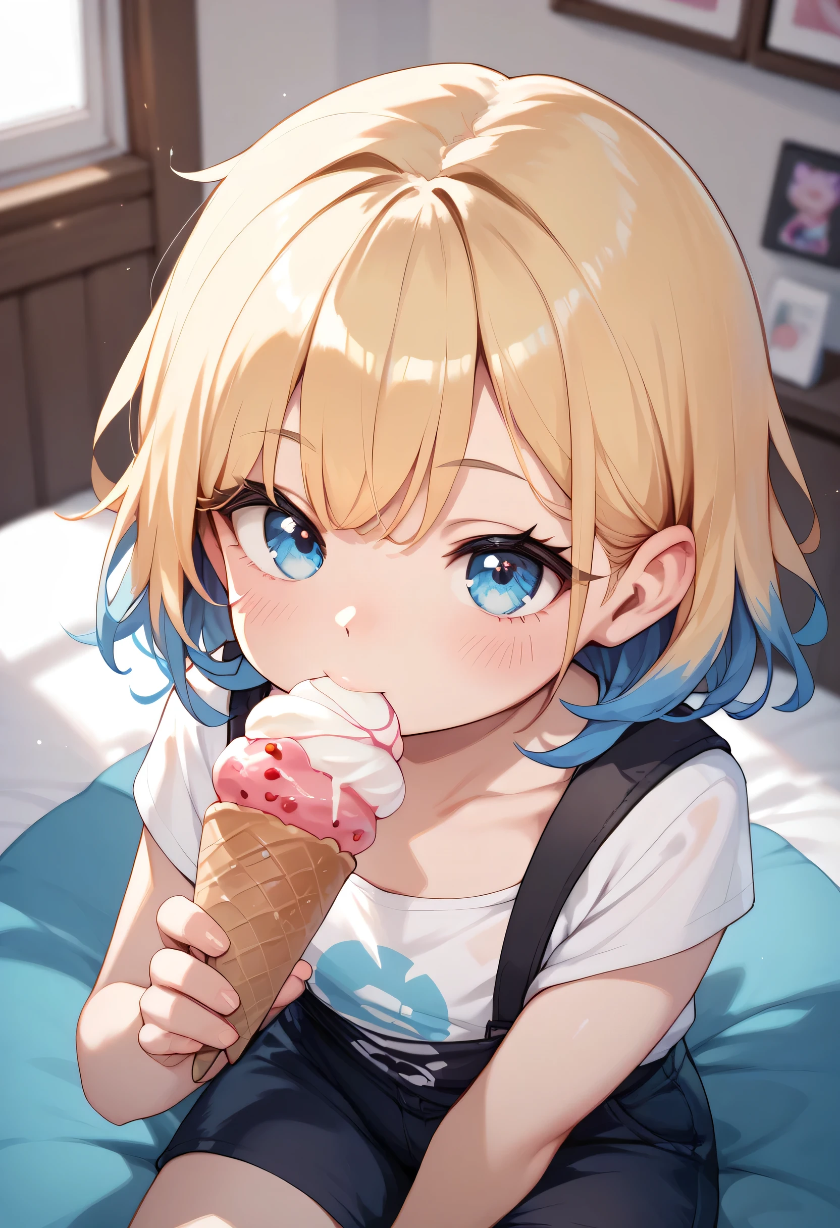 _girl,cloli_, diallze, blue eyes, blonde hair, purple hair, multicolored hair, sexy, sucking an ice cream in a sexy way