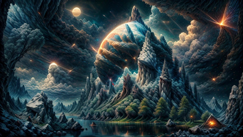 Amazing, 8K, bright gothic thunder temple, Raw Photo, Amazing, Top Quality, Photorealistic and Highly Detailed, CG, High Quality, Highly Detailed, Particle Effects, Dynamic Effects, cinematic lights, flares, raytracing, realistic, ultra HD, fantasy, the wind, the beauty and brilliance of dramatic tall mountains and rich dense forests, the serenity and beauty of the world's grasslands and vast lands, Lakeside, wonderful scenery, beautiful natural scenery, night, starry sky, constellation, nebula, faint moon, space, gorgeous, view, water, constellation, wonder, fantastic, meteor, magic, best illumination, best shadow