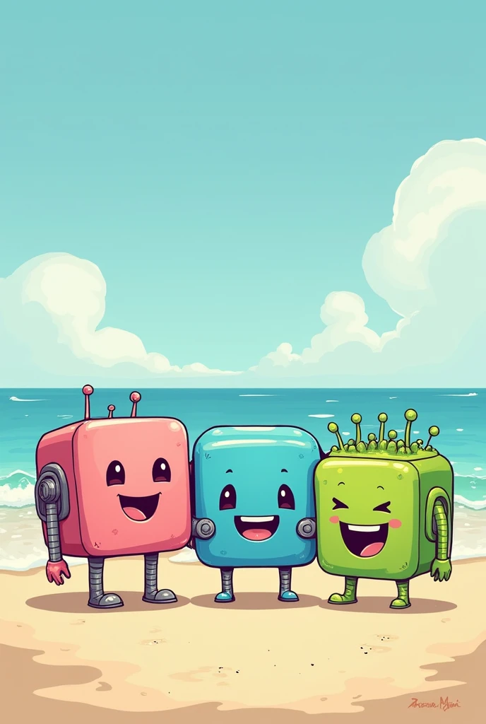 Three cubes, one pink with legs and braces, one with a blue body, and a green cube with nubs and a big mouth. All the cubes are happily smiling infront of the beach. 2D Drawn style