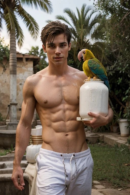 Young handsome cute white skinned smooth skinny beautiful face shirtless carrying water from an artecian well to a craft jug or parrot on his shoulder