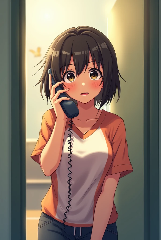 A short-haired, tanned girl from the track and field club thinks she'll be asked by a guy to act as a go-between, but when she answers the phone, she gets confessed to by him, and gets all flustered.