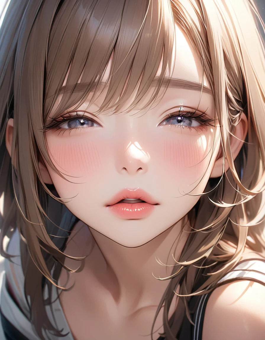 The face of a beautiful girl approaches the viewer, (Girls kissing), alone, Perfect and attractive face, Mouth trying to kiss, close your eyes, Put your chin forward, Expectations, Shyness, joy, blush, Realistic and attractive nose, Delicate and elegant eyelashes, Fine and thin eyebrows, Natural Makeup, Delicate and perfect brushwork, young and lively々Fresh Skin, break: Showing affection to the audience, Expectations, Shyness, joy, blush, I close my eyes in fear, Put your chin forward, Lips asking for a kiss, Detailed and realistic skin texture, Cute and sexy gestures that will charm you, ((Facing the audience)), View your viewers, Jaw sticking out, Please lower your eyelids, Detailed and engaging, Seduce you, break ((Gently closed eyelids)), The approaching lips, break (close your eyes, Lips asking for a kiss, Approaching Face, Chin forward), (look up:1.3), ((Facing you)), break Face up and look up, Mouth closed for a kiss, (close your eyes:1.3), Expectations, Shyness, joy, blush, Realistic and captivating depictions, First-person view of the viewer, The kiss, (Close-up of face seen from above:1.2).
