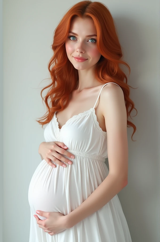 5 months pregnant blue-eyed redhead girl, with a white dress, without so much bust