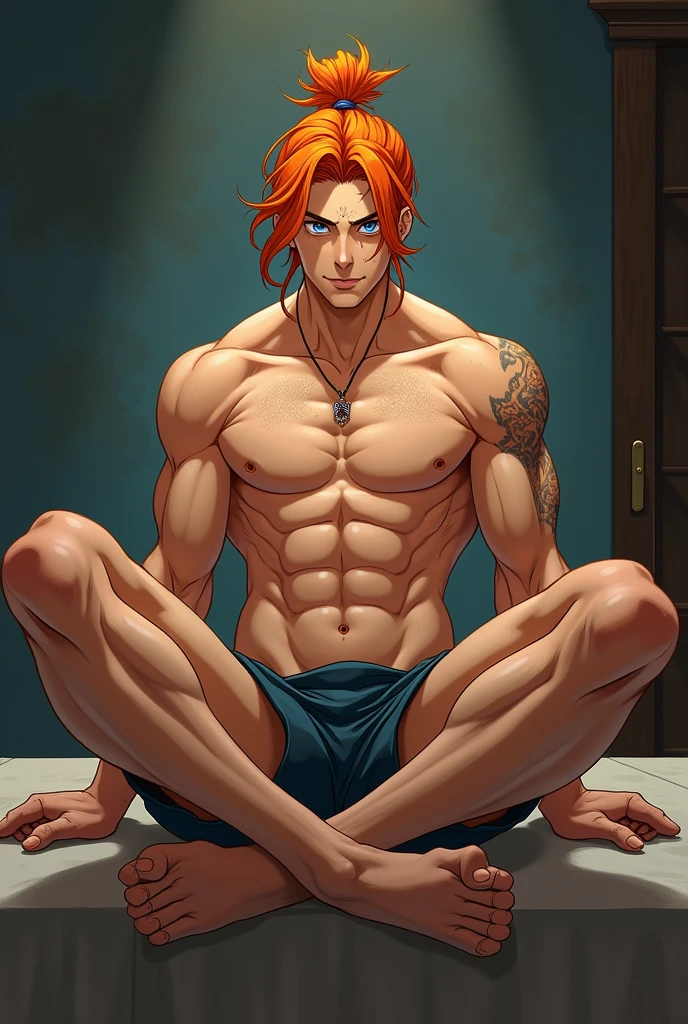 Handsome and muscular man, sitting on top of a table with legs open, big penis,erect penis, no clothing,hairless,long orange hair tied in a bun, freckles and blue eyes,anime classics of kimetsu no yaiba,hairless, whole body, without underwear, scar on the left side of the neck