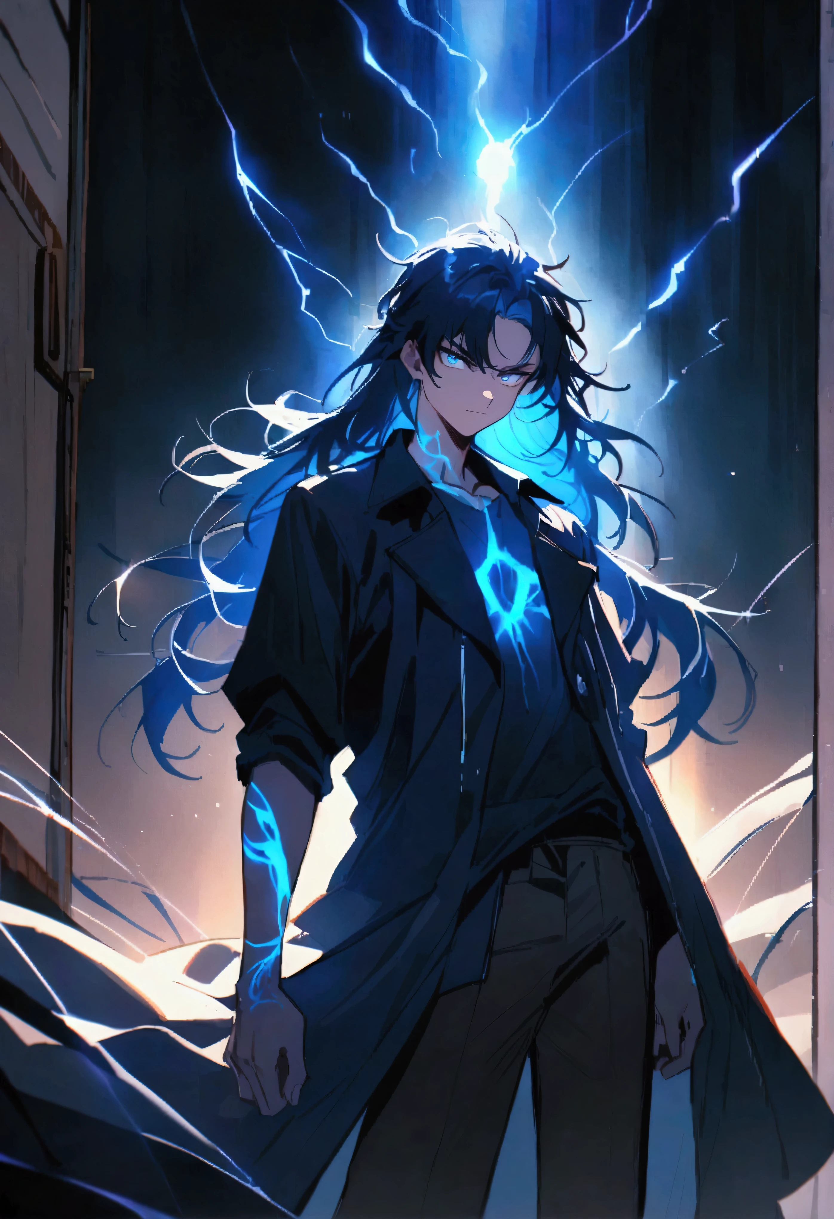 teenage boy, spiky hair, long hair, multicolored black and blue hair, glowing light blue eyes, serious face, simple smile, black loose casual ripped shirt, dark blue short-sleeved overcoat, blue tattoos on the body, electric aura, lot of details, best qualityer.