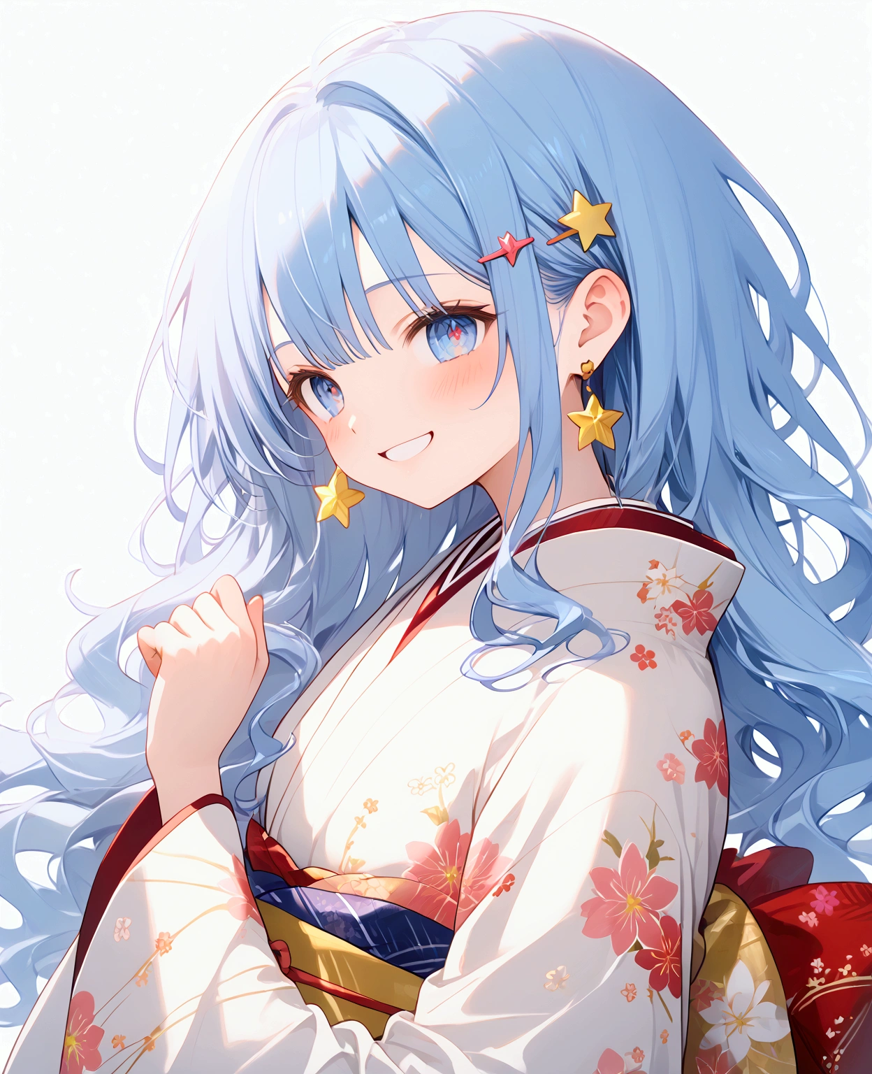 A conceptual art young woman with light blue hair, star-shaped hair clip, long hair. Her hair is long and straight, with playful, expressive strands that add movement and dynamism to the piece, look at viewers. Her eyes are wide and sparkling, with detailed pupils that reflect the joy and excitement of her birthday. The blush on her cheeks is a soft pink, revealing her happiness and slight embarrassment at being the center of attention. her excitement almost palpable. adhering to a high-quality Anime style, kimono, from the side. The piece should be in Ultra High Definition, with a resolution of 8K, making it a true masterpiece. Pay attention to anatomical correct(2), ensuring that the character's pose and proportions are accurate and believable. The skin should be textured, with high details that give a sense of realism to the Anime style. The final artwork should be of the best quality and extremely high-re, pov, anime, anime style, social media composition, UHD, masterpiece, accurate, anatomically correct, textured skin, super detail, high details, high quality, award winning, best quality, highres, 8k, smile, happines, emossion, exited, laugh, art sheet, conceptual art, multiple angle, 17 year old, teen