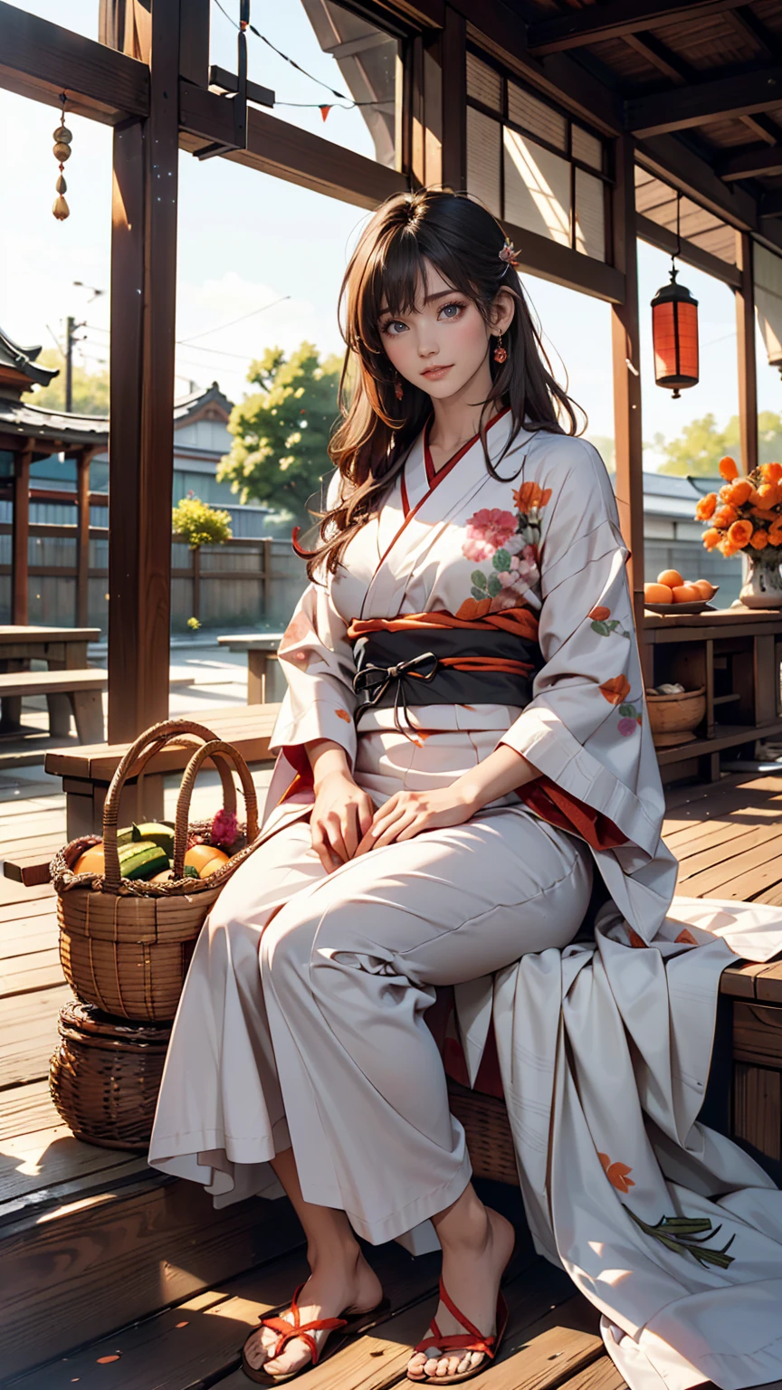 ((最high quality, 8k, masterpiece: 1.3, Ultra HD, high quality, 最high quality, High resolution, realism)) 、A stunningly beautiful 22-year-old Japanese woman、Hair color is black、black eye、Medium Hair、Straight hair、smile、Sitting on the veranda of a Japanese house in rural Japan、summer、Wind chimes are hanging from the eaves.、barefoot、Woven rattan hand basket(Carrots and tomatoes、Cucumber goes in)、In front of the veranda is a courtyard.、There is a well with a hand pump in the courtyard..、Wear a yukata、Upstyle your hair