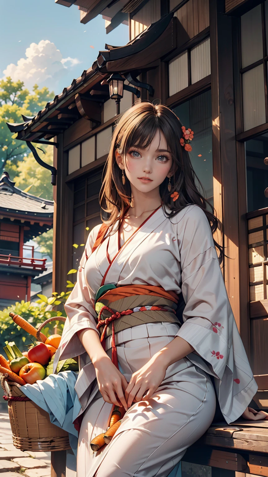 ((最high quality, 8k, masterpiece: 1.3, Ultra HD, high quality, 最high quality, High resolution, realism)) 、A stunningly beautiful 22-year-old Japanese woman、Hair color is black、black eye、Medium Hair、Straight hair、smile、Sitting on the veranda of a Japanese house in rural Japan、summer、Wind chimes are hanging from the eaves.、barefoot、Woven rattan hand basket(Carrots and tomatoes、Cucumber goes in)、In front of the veranda is a courtyard.、There is a well with a hand pump in the courtyard..、Wear a yukata、Upstyle your hair