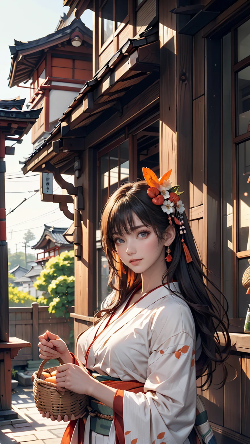 ((最high quality, 8k, masterpiece: 1.3, Ultra HD, high quality, 最high quality, High resolution, realism)) 、A stunningly beautiful 22-year-old Japanese woman、Hair color is black、black eye、Medium Hair、Straight hair、smile、Sitting on the veranda of a Japanese house in rural Japan、summer、Wind chimes are hanging from the eaves.、barefoot、Woven rattan hand basket（Carrots and tomatoes、Cucumber goes in)、In front of the veranda is a courtyard.、There is a well with a hand pump in the courtyard..、Wear a yukata、Upstyle your hair