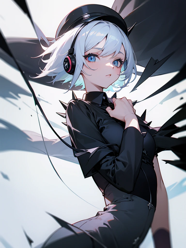 girl with short white hair black hat and headphones with spikes on the sides black shirt with a cross