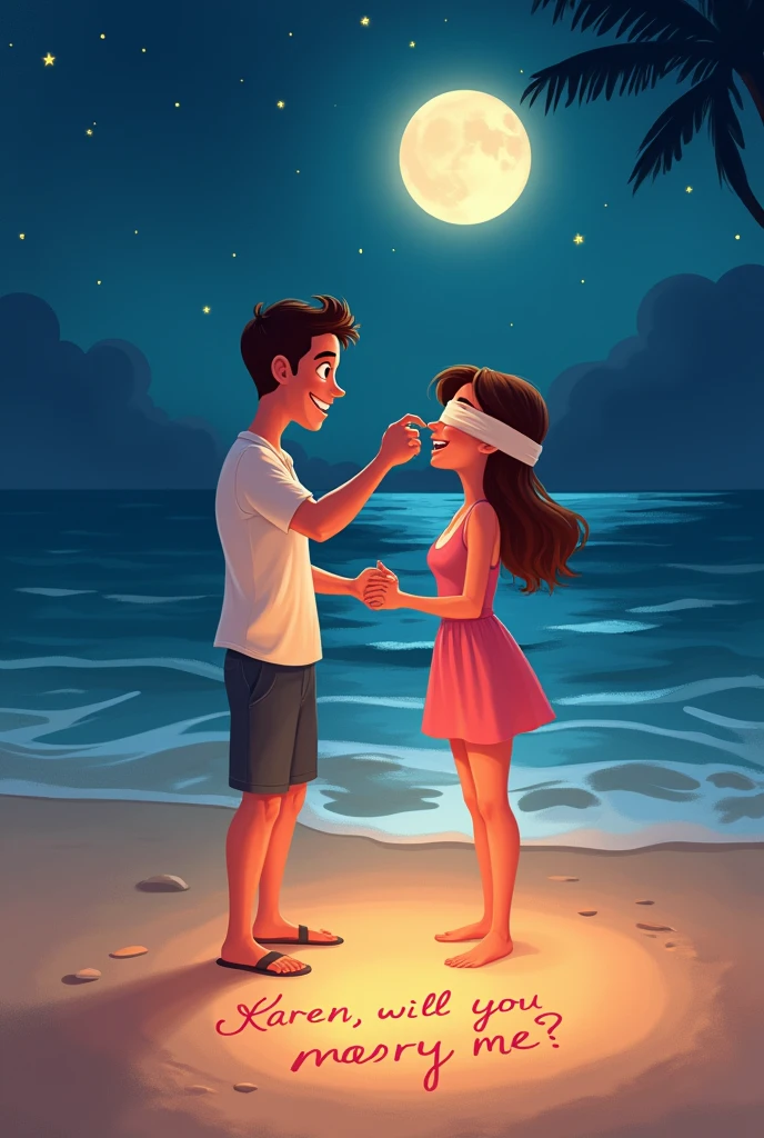 A cartoon-like image from Pixar with a couple on the beach at night, He is removing a blindfold from her eyes so she can see Karen written in the sand will you marry me??