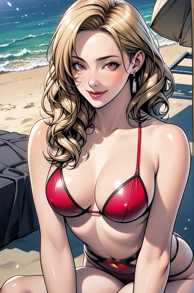 1girl,Alicia Viewsrtream, blonde hair, wavy hair, long hair, red eyes,red lips, pink bikini ,incredibly absurdres,thighs,realistic,reality,hetero, best quality:1.4, intricate details, sharp focus, highres, elaborate atmosphere:0.90, 8K, 4K, UHD, 32k UHD resolution, Ultra Detailed 8K CG, ultra high res, High quality texture, High quality shadows, vivid colors, detailed eyes, depth of field, soft lighting, masterpiece, best quality, intricate, (lens reflection: 0.7), (flowering: 0.7), particle effects, ray tracing, tone mapping, highly detailed, concept art, smooth, sharp focus, dramatic lighting, highly detailed art,  trending on Artstation, 8K, amazing shadows, realistic, (highly detailed background: 1.2), beach, sea, palms, smile, 