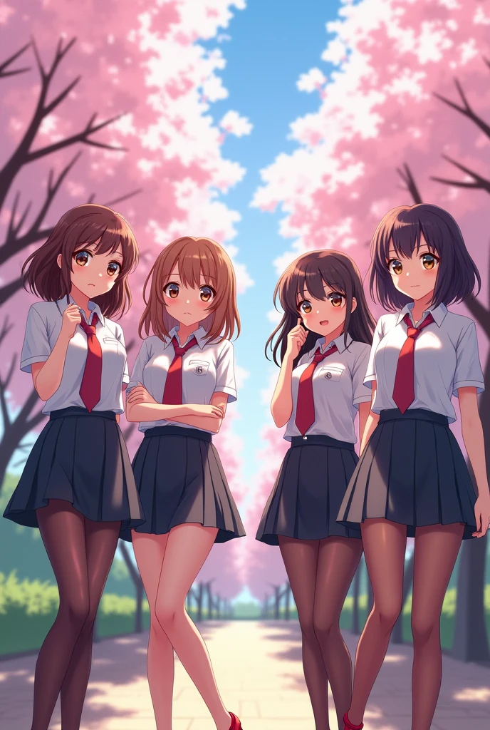 masterpiece, best quality,4 Girls,Young Girls, Plum_Pie Eyes, Brown, choppy bob,envious _Face,Glowing skin,Medium breasts,Beautiful leg lines:1.3,Thick thighs, Thin waist,Uniforms, High Leg Raise,tie,((Pencil Skirt)),Red high heels,   Pantyhose, , way_lining_and_bloom_cherry_flowering_Trees,,Looking at the audience,From below,whole body, legupsexms,