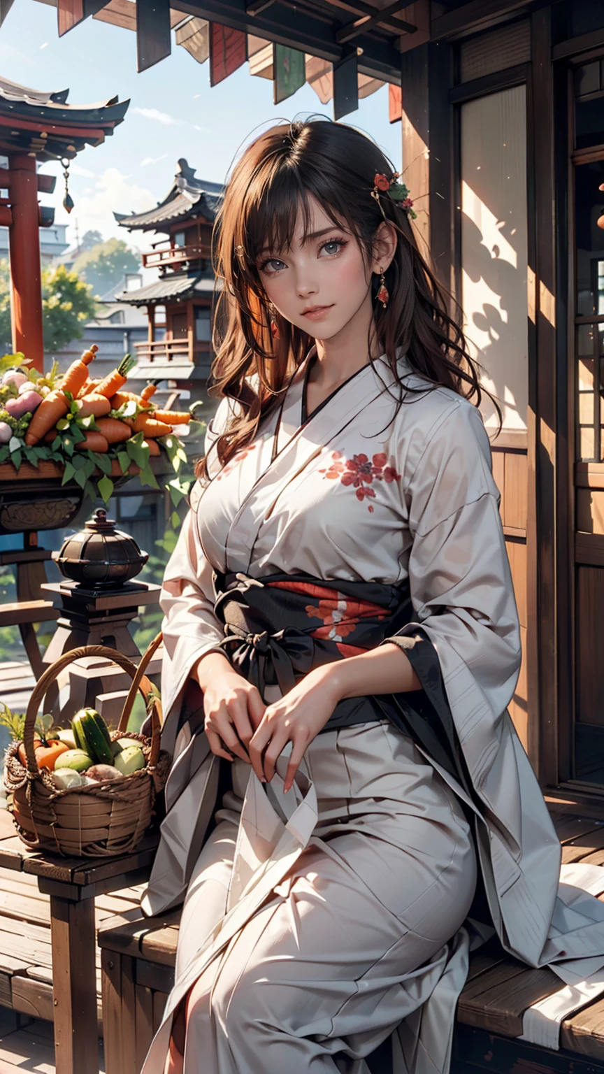 ((最high quality, 8k, masterpiece: 1.3, Ultra HD, high quality, 最high quality, High resolution, realism)) 、A stunningly beautiful 22-year-old Japanese woman、Hair color is black、black eye、Medium Hair、Straight hair、smile、Sitting on the veranda of a Japanese house in rural Japan、summer、Wind chimes are hanging from the eaves.、barefoot、Woven rattan hand basket(Carrots and tomatoes、Cucumber goes in)、In front of the veranda is a courtyard.、There is a well with a hand pump in the courtyard..、Wear a yukata、Upstyle your hair
