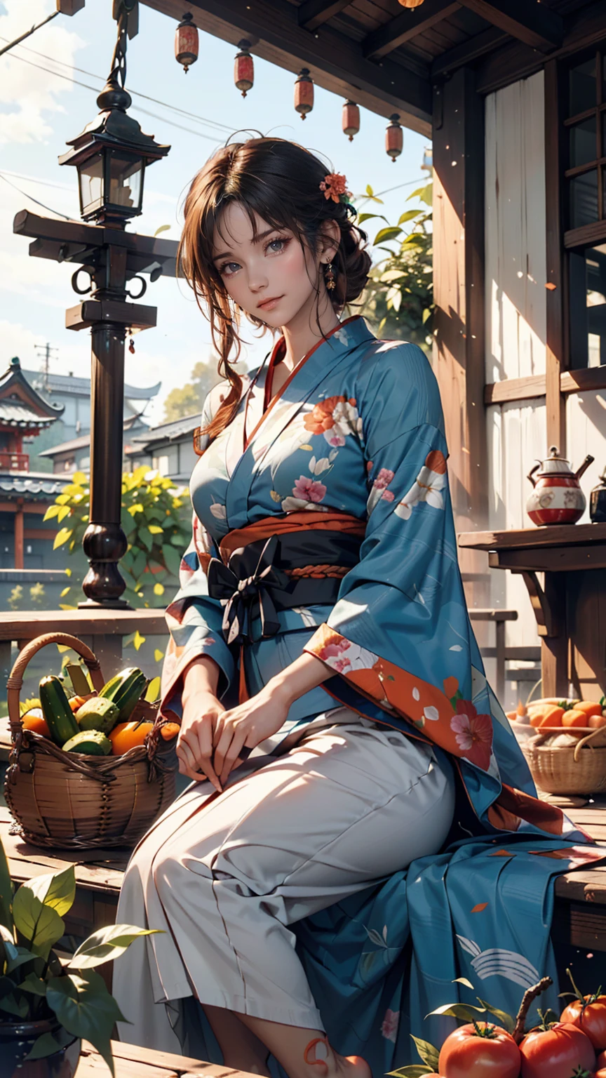 ((最high quality, 8k, masterpiece: 1.3, Ultra HD, high quality, 最high quality, High resolution, realism)) 、A stunningly beautiful 22-year-old Japanese woman、Hair color is black、black eye、Medium Hair、Straight hair、smile、Sitting on the veranda of a Japanese house in rural Japan、summer、Wind chimes are hanging from the eaves.、barefoot、Woven rattan hand basket(Carrots and tomatoes、Cucumber goes in)、In front of the veranda is a courtyard.、There is a well with a hand pump in the courtyard..、Wear a yukata、Upstyle your hair