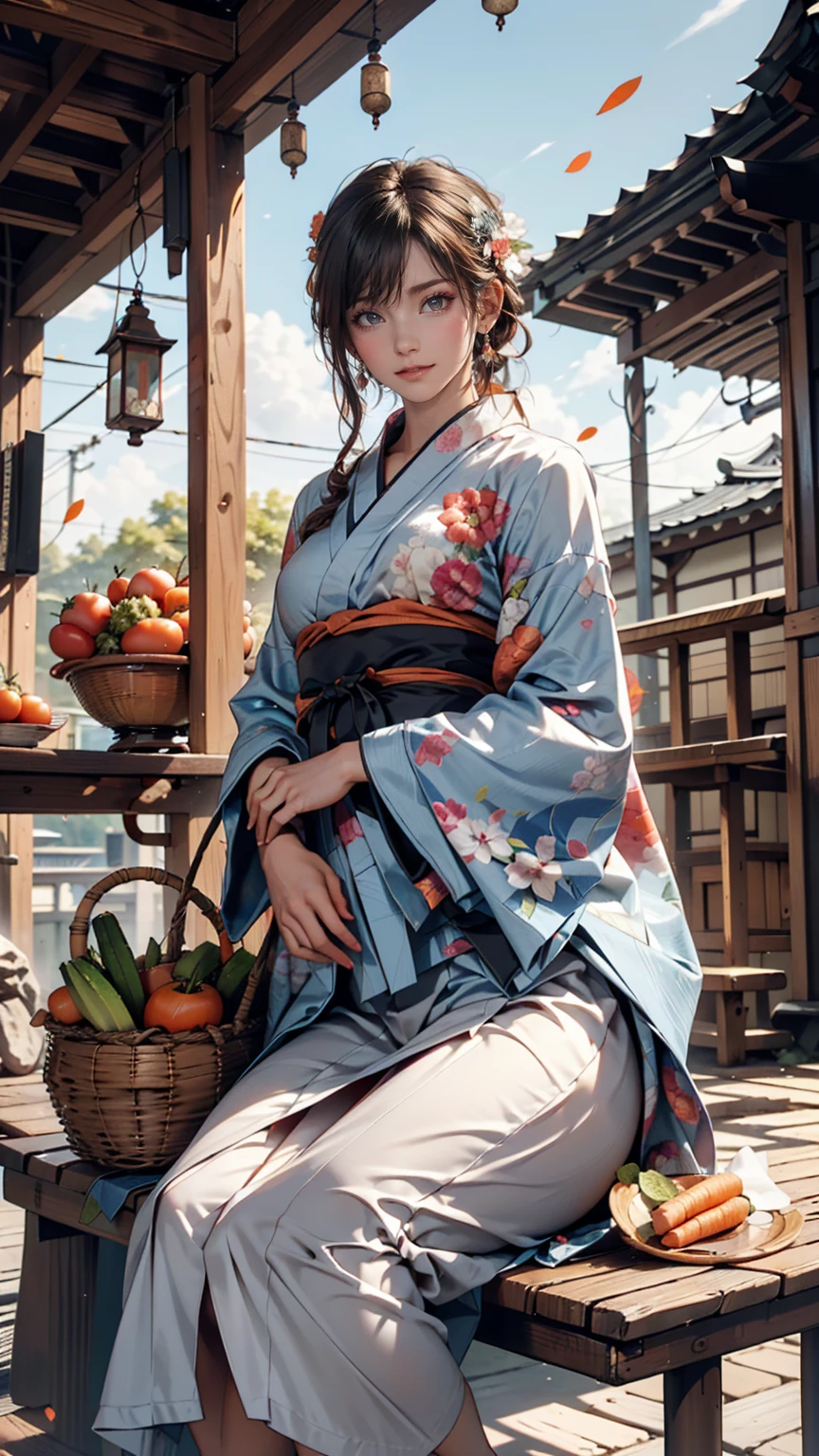 ((最high quality, 8k, masterpiece: 1.3, Ultra HD, high quality, 最high quality, High resolution, realism)) 、A stunningly beautiful 22-year-old Japanese woman、Hair color is black、black eye、Medium Hair、Straight hair、smile、Sitting on the veranda of a Japanese house in rural Japan、summer、Wind chimes are hanging from the eaves.、barefoot、Woven rattan hand basket(Carrots and tomatoes、Cucumber goes in)、In front of the veranda is a courtyard.、There is a well with a hand pump in the courtyard..、Wear a yukata、Upstyle your hair