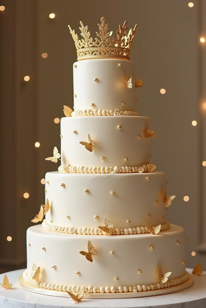 A pearl-colored, almost white, 15-year-old cake, 3 tiers with scattered golden butterflies and small pearls on the cake and a golden princess royal crown on the top tier